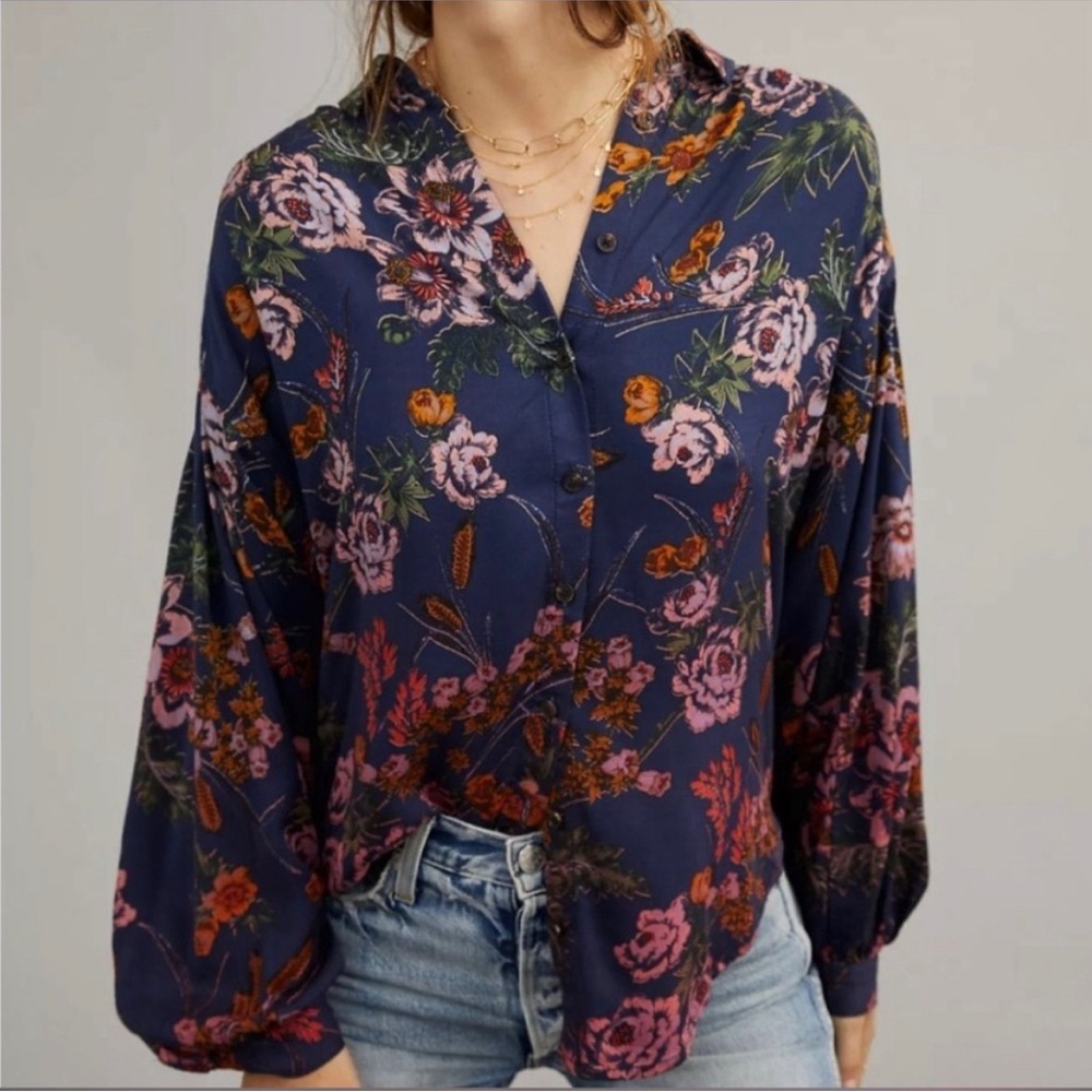 Pilcro and the Letterpress Floral Button Down Shirt - Blue and Pink